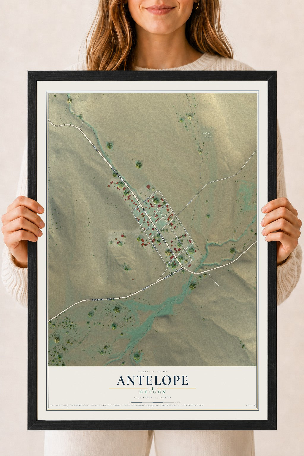 Map of Antelope, Oregon, 18 x 24 inch print in a black wood frame