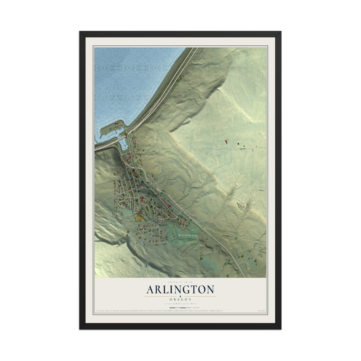 Map of Arlington, Oregon, 12 x 18 inch print in a black wood frame