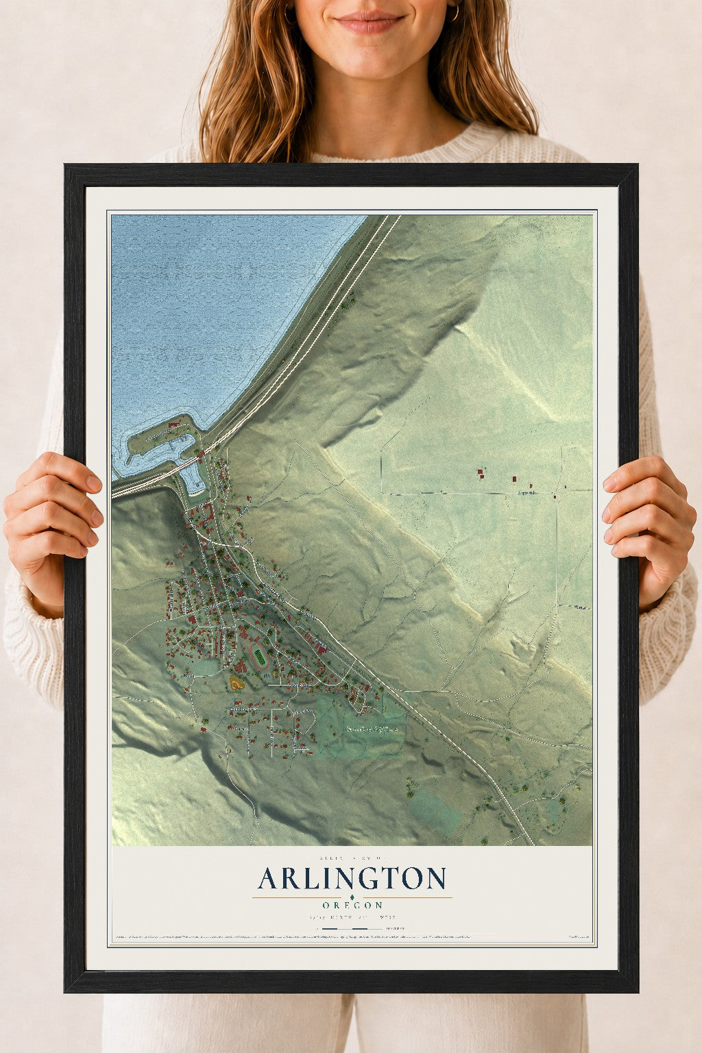 Map of Arlington, Oregon, 18 x 24 inch print in a black wood frame