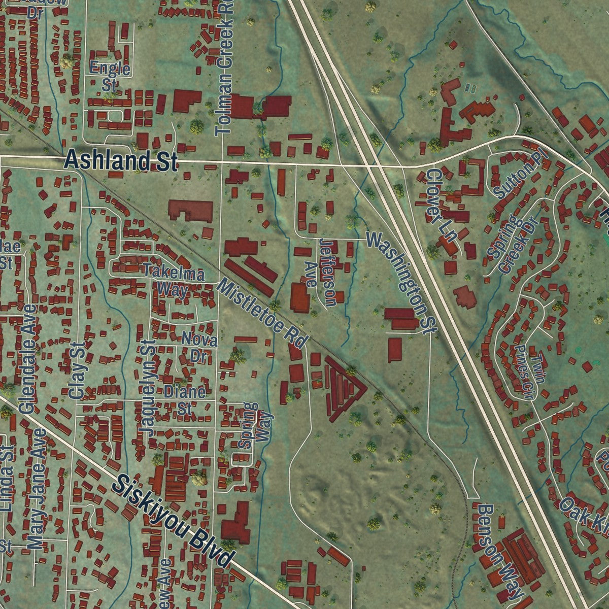 Close-up of the map of Ashland, Oregon print showing street and building detail