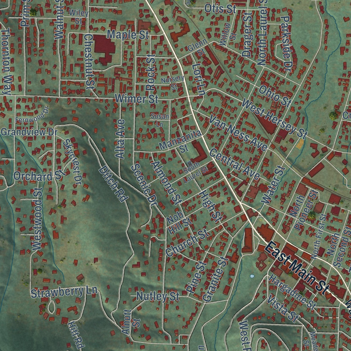 Second close-up of the map of Ashland, Oregon print showing more streets and buildings