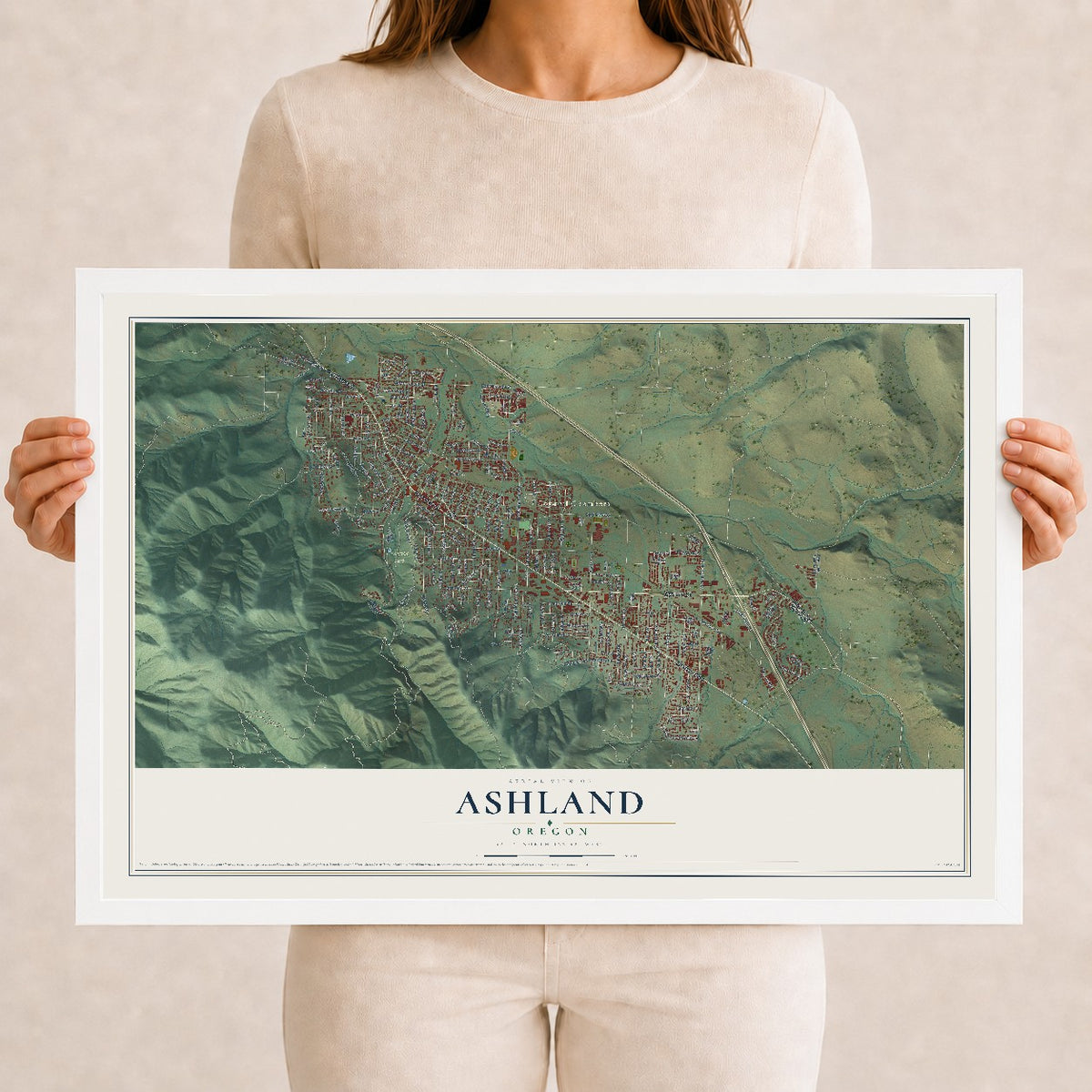 Map of Ashland, Oregon, 12 x 18 inch print in a white wood frame