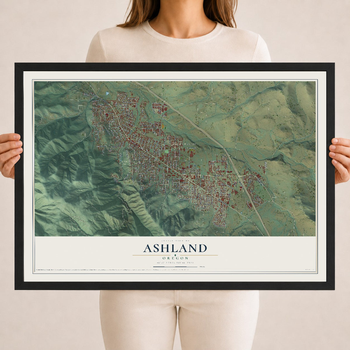 Map of Ashland, Oregon, 18 x 24 inch print in a black wood frame