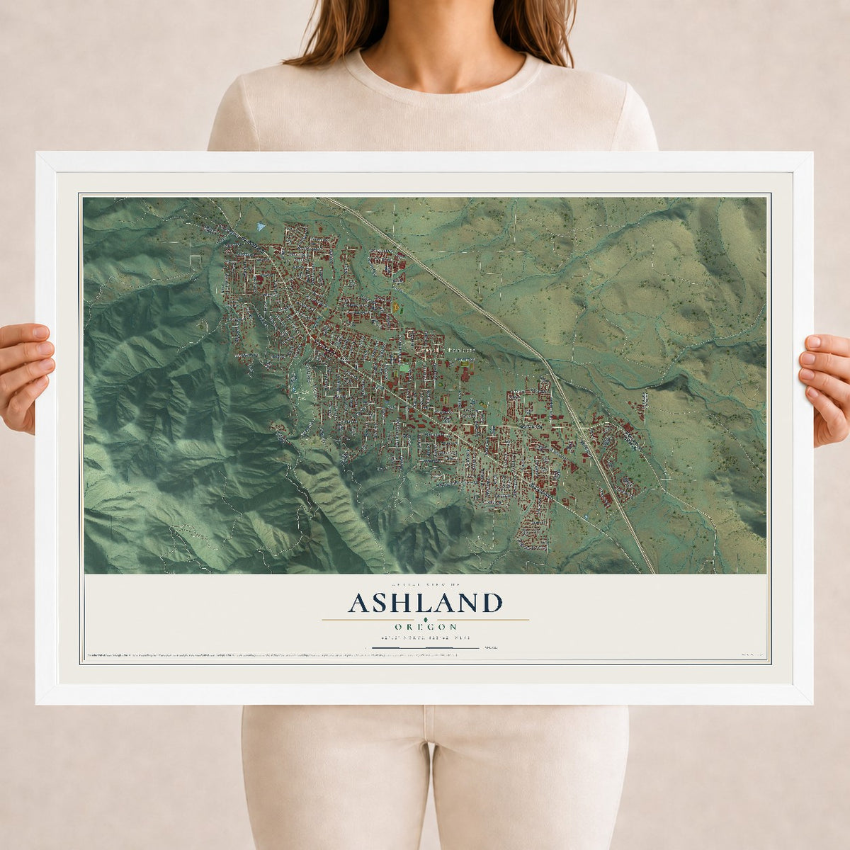 Map of Ashland, Oregon, 18 x 24 inch print in a white wood frame