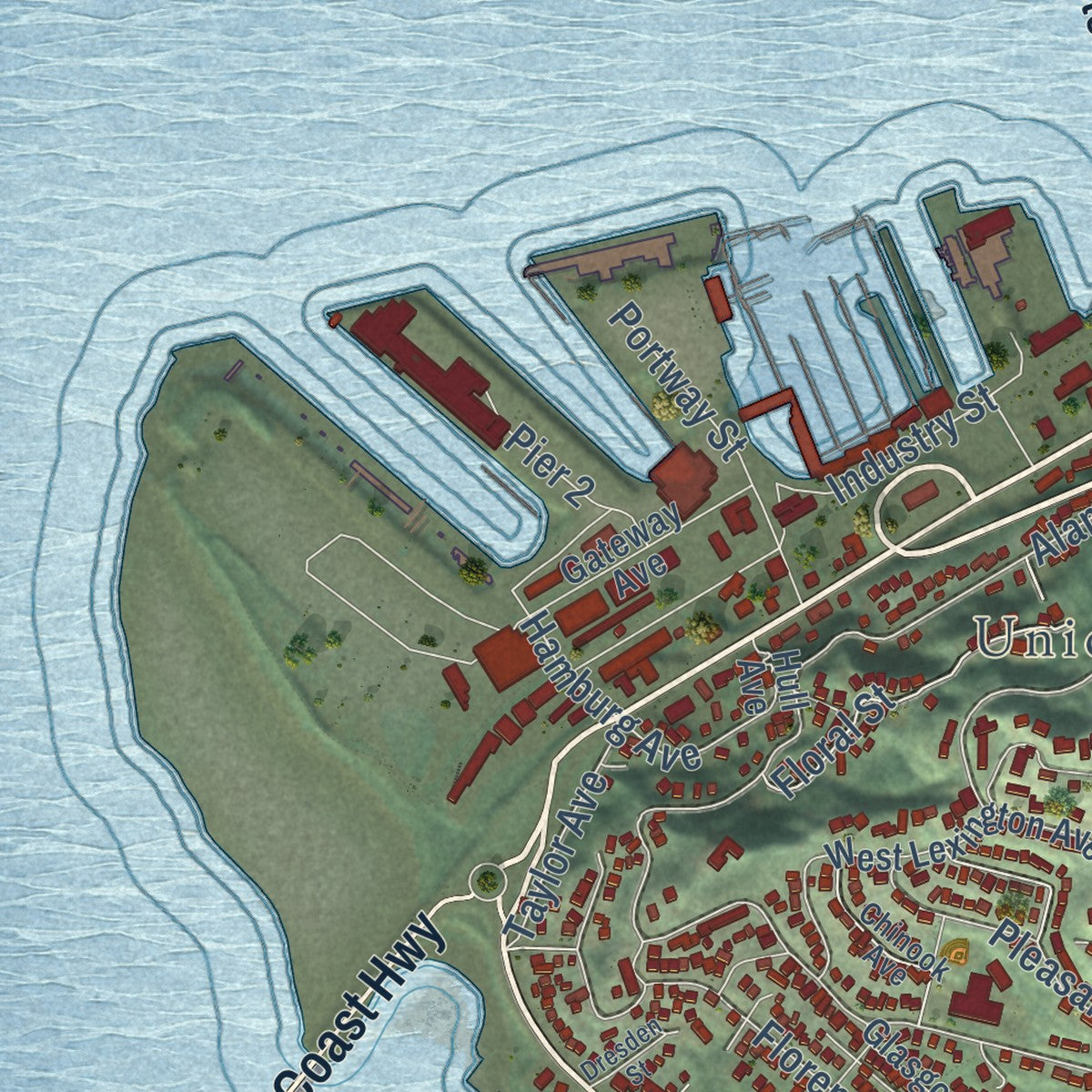 Second close-up of the map of Astoria, Oregon print showing more streets and buildings