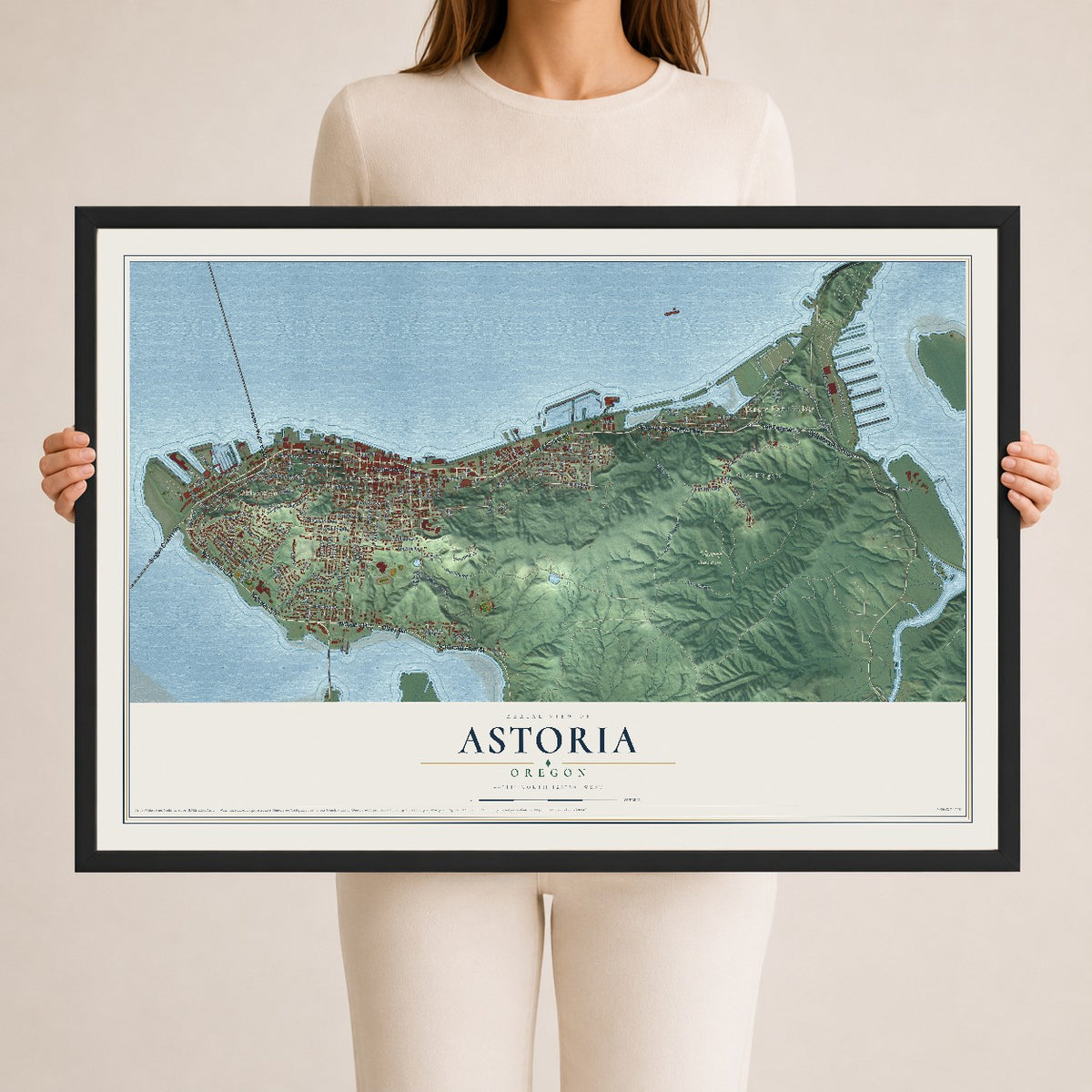 Map of Astoria, Oregon, 24 x 36 inch print in a black wood frame