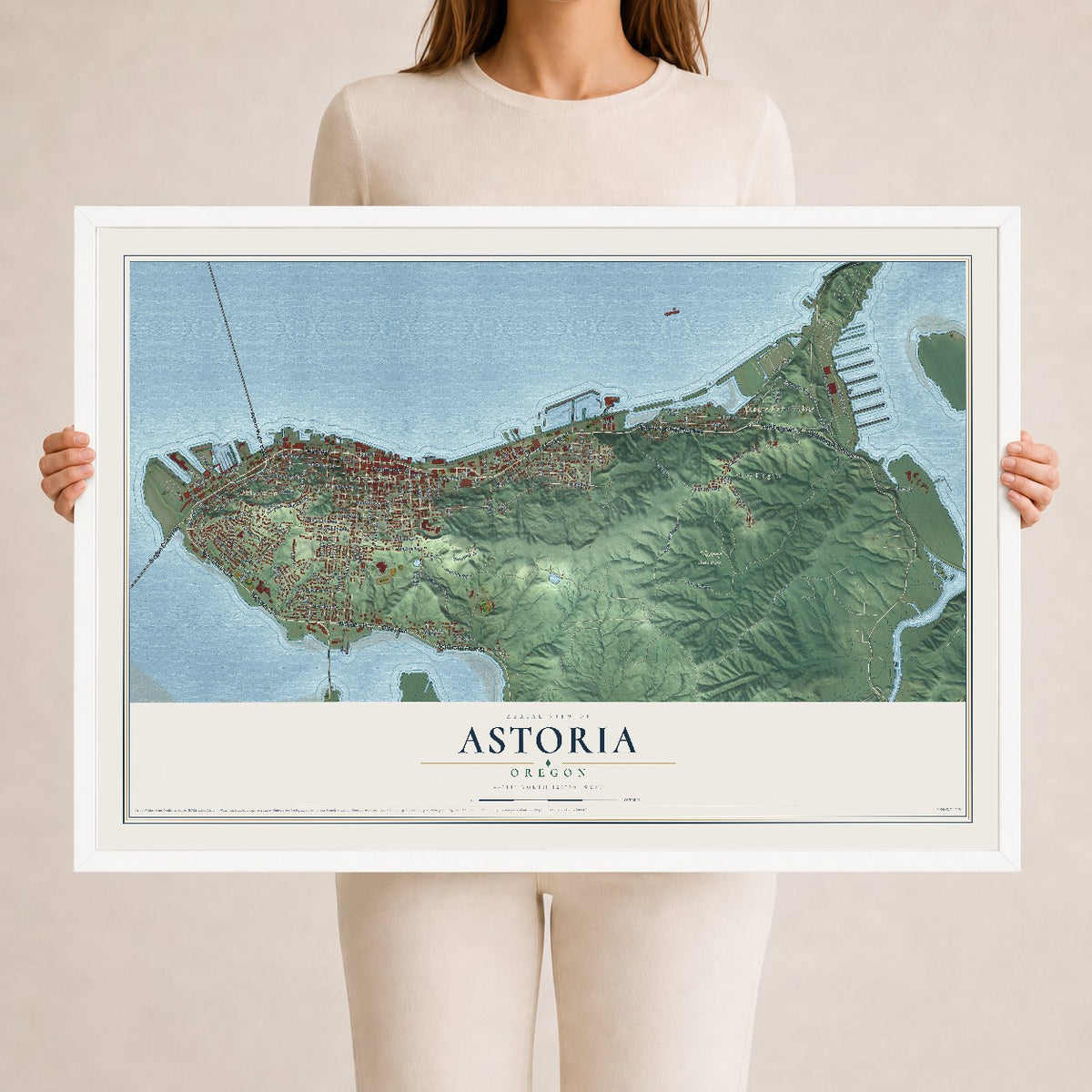 Map of Astoria, Oregon, 24 x 36 inch print in a white wood frame