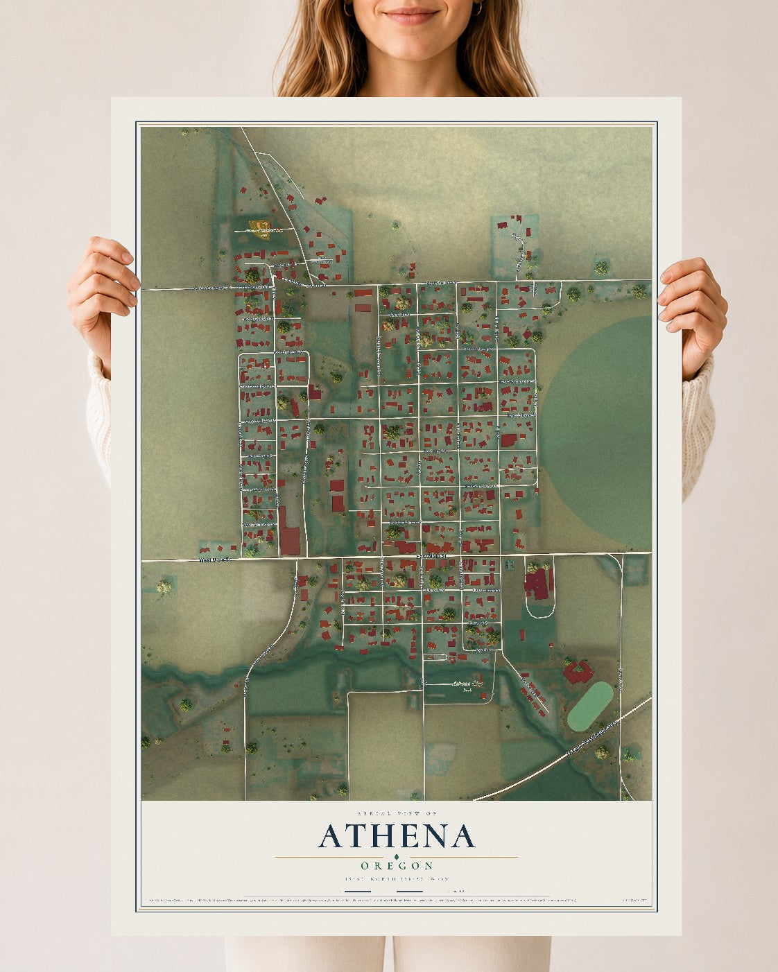 Map of Athena, Oregon, 24 x 36 inch unframed archival matte print