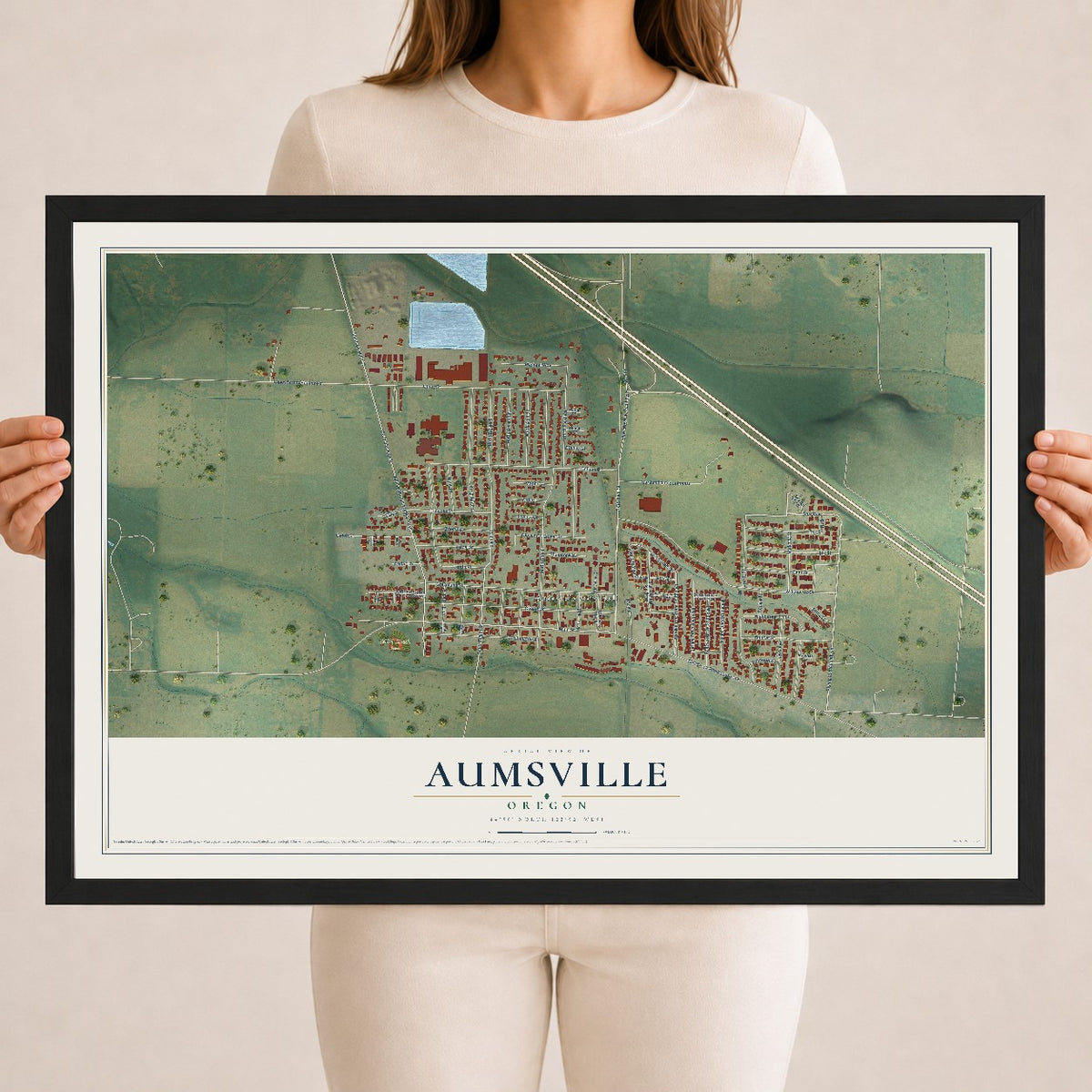 Map of Aumsville, Oregon, 18 x 24 inch print in a black wood frame