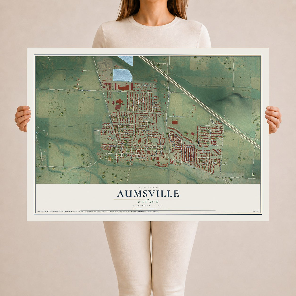 Map of Aumsville, Oregon, 24 x 36 inch unframed archival matte print