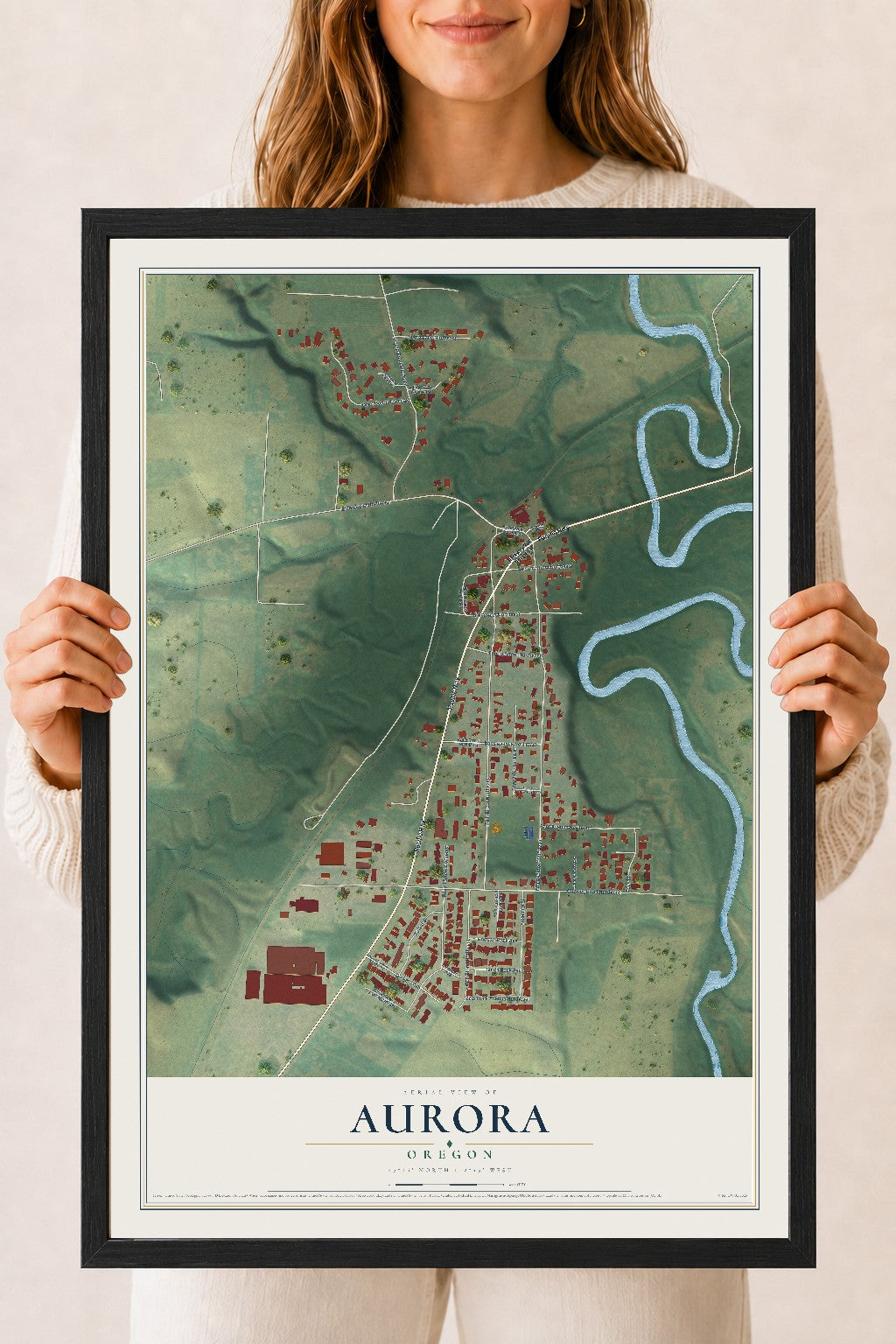 Map of Aurora, Oregon, 18 x 24 inch print in a black wood frame
