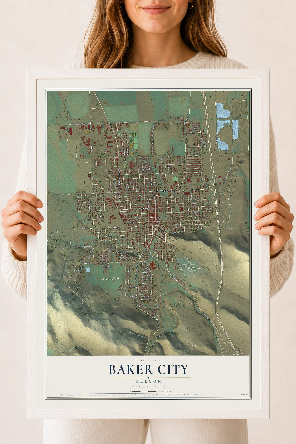 Map of Baker City, Oregon, 18 x 24 inch print in a white wood frame