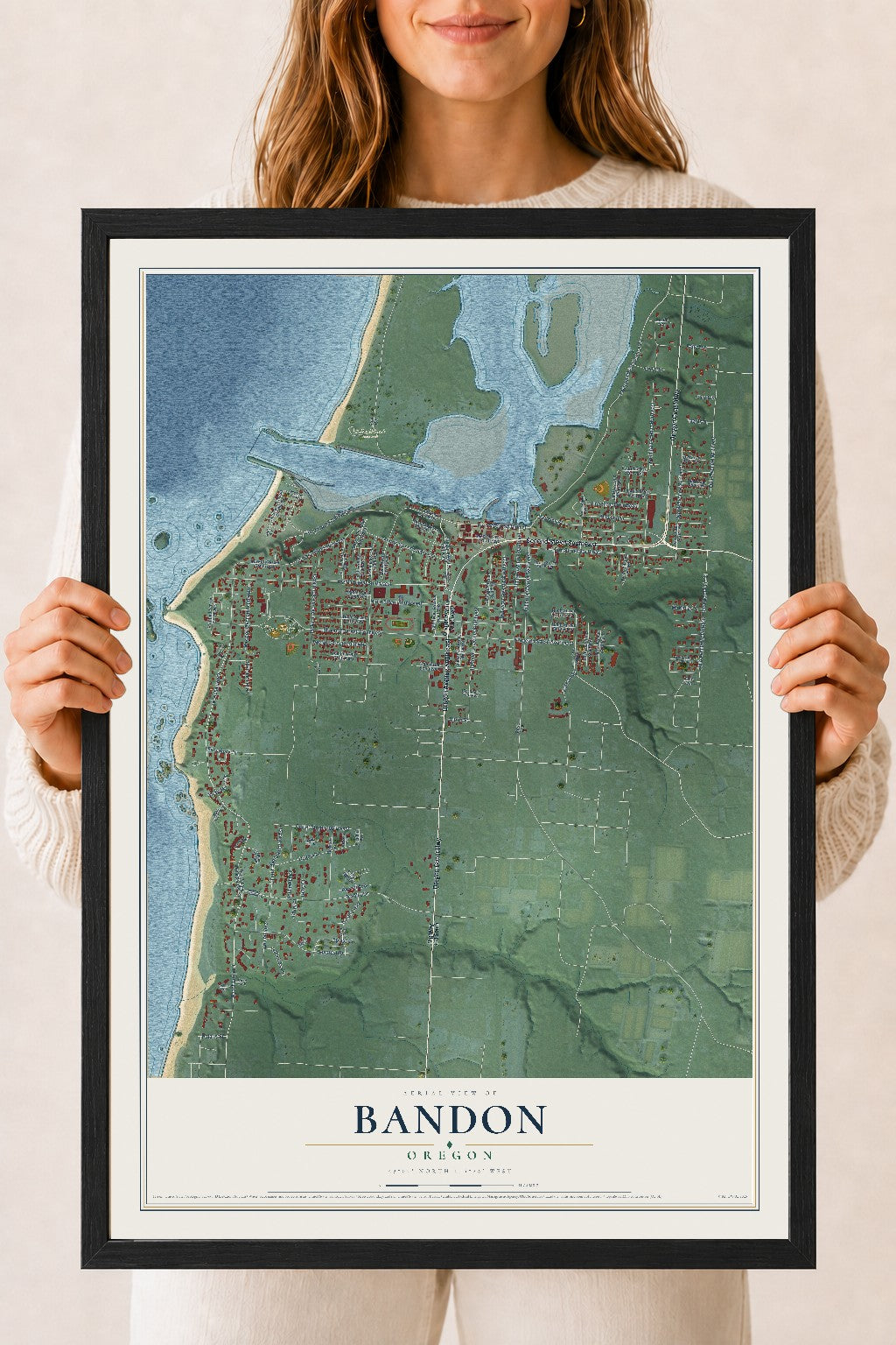 Map of Bandon, Oregon, 18 x 24 inch print in a black wood frame