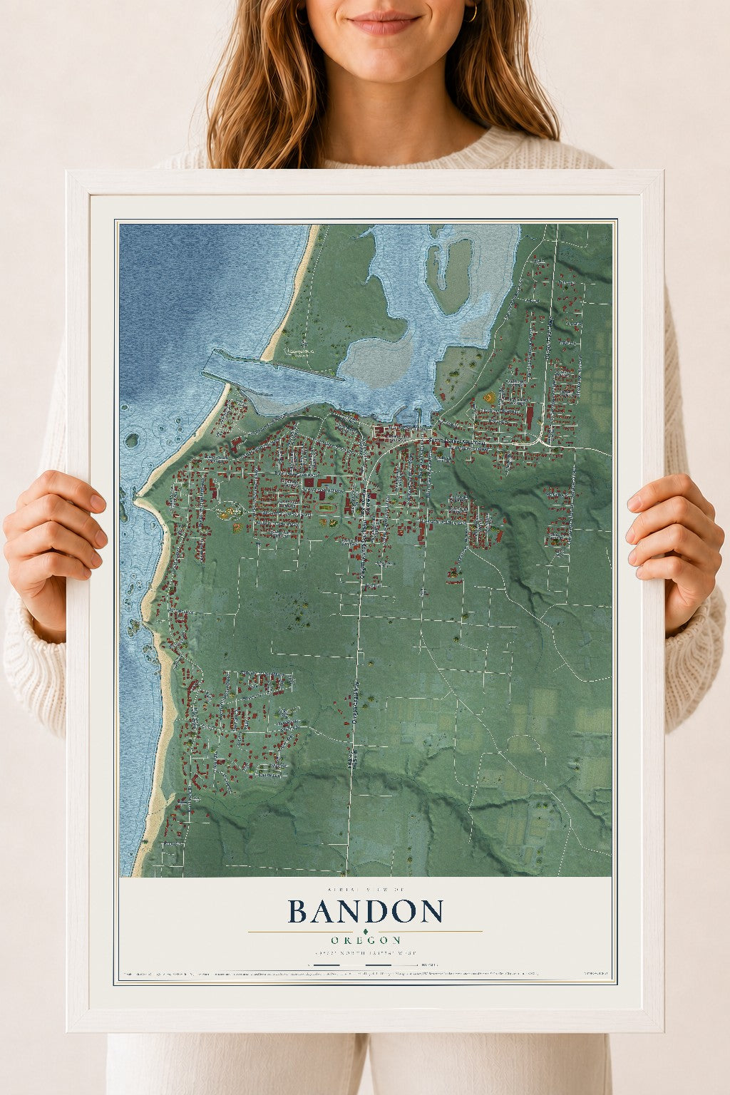 Map of Bandon, Oregon, 18 x 24 inch print in a white wood frame