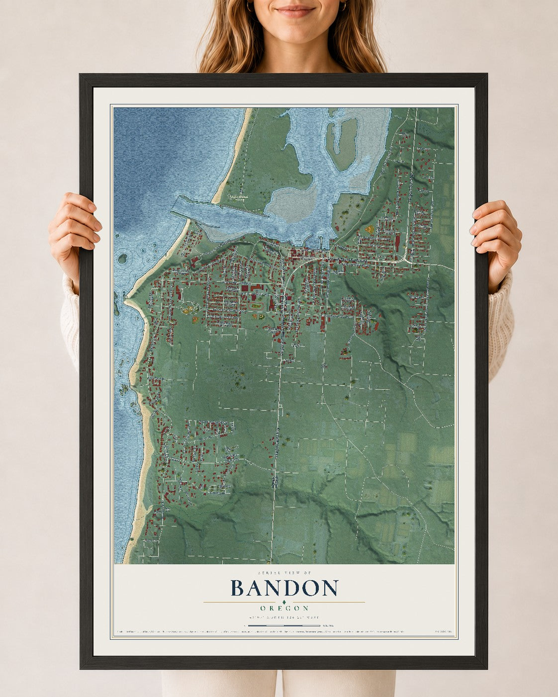 Map of Bandon, Oregon, 24 x 36 inch print in a black wood frame