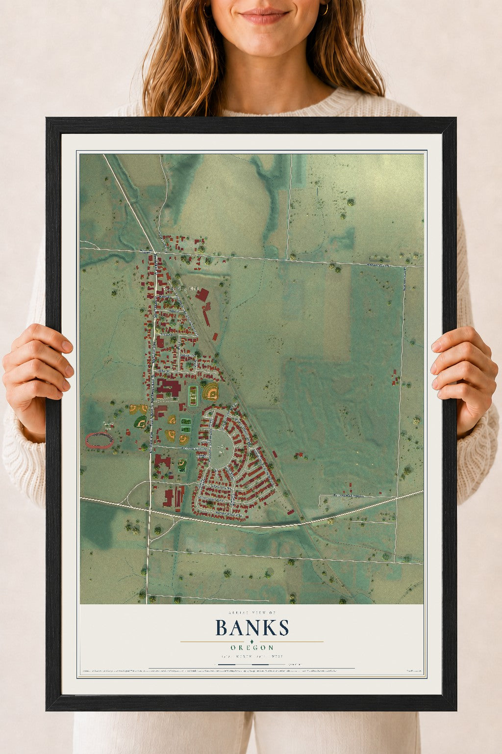 Map of Banks, Oregon, 18 x 24 inch print in a black wood frame