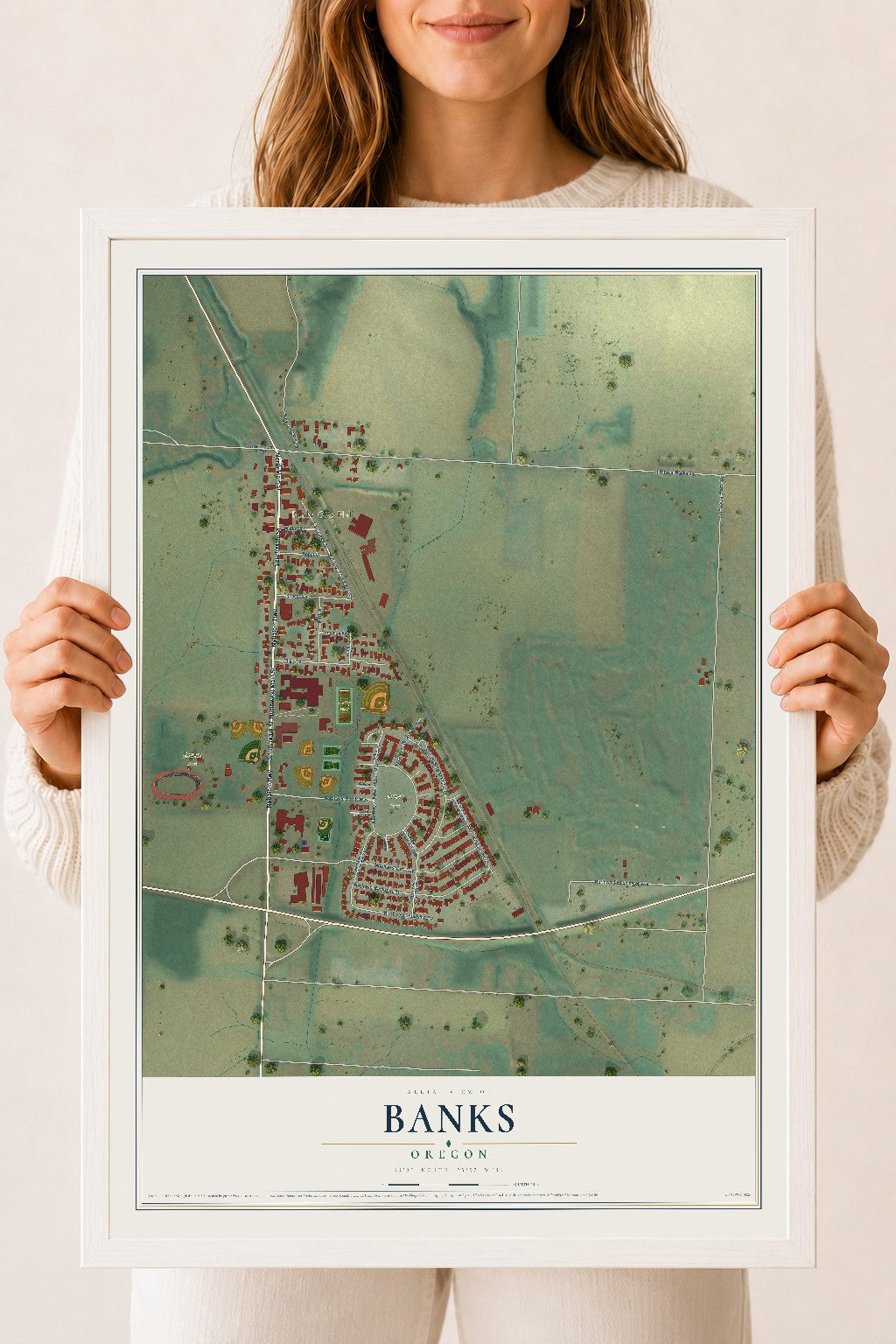 Map of Banks, Oregon, 18 x 24 inch print in a white wood frame