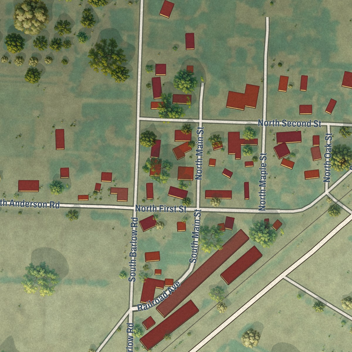 Close-up of the map of Barlow, Oregon print showing street and building detail