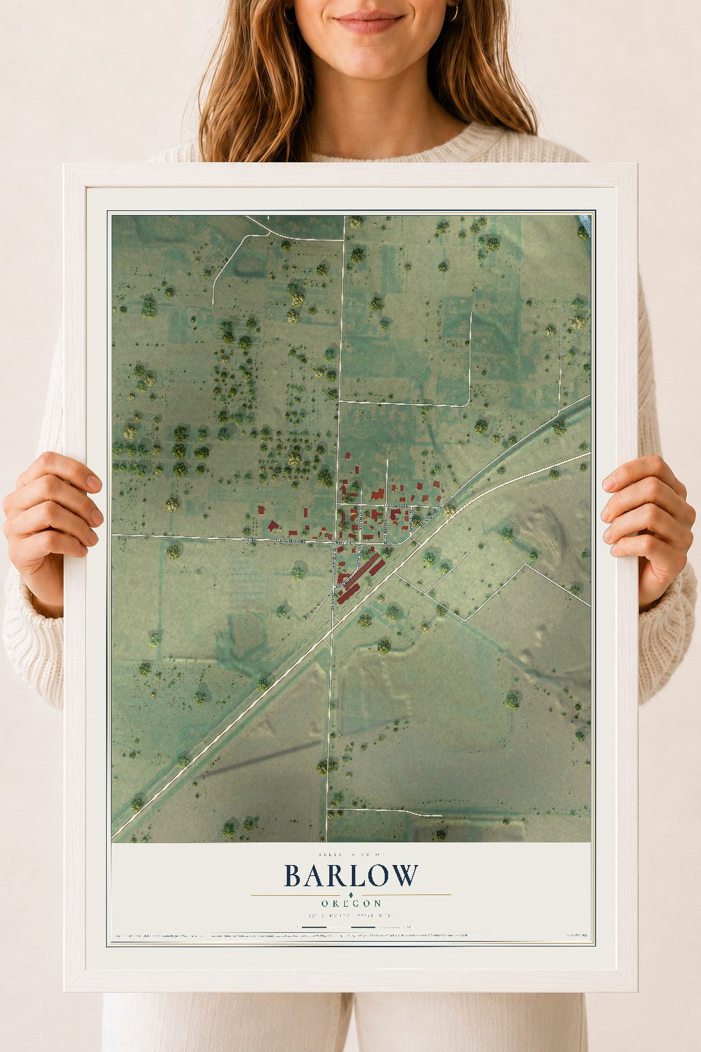 Map of Barlow, Oregon, 18 x 24 inch print in a white wood frame