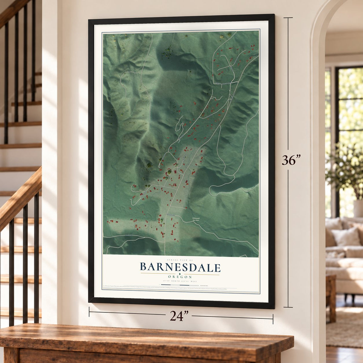 Barnesdale, Oregon map, 24 x 36 inch print in a black frame by a staircase