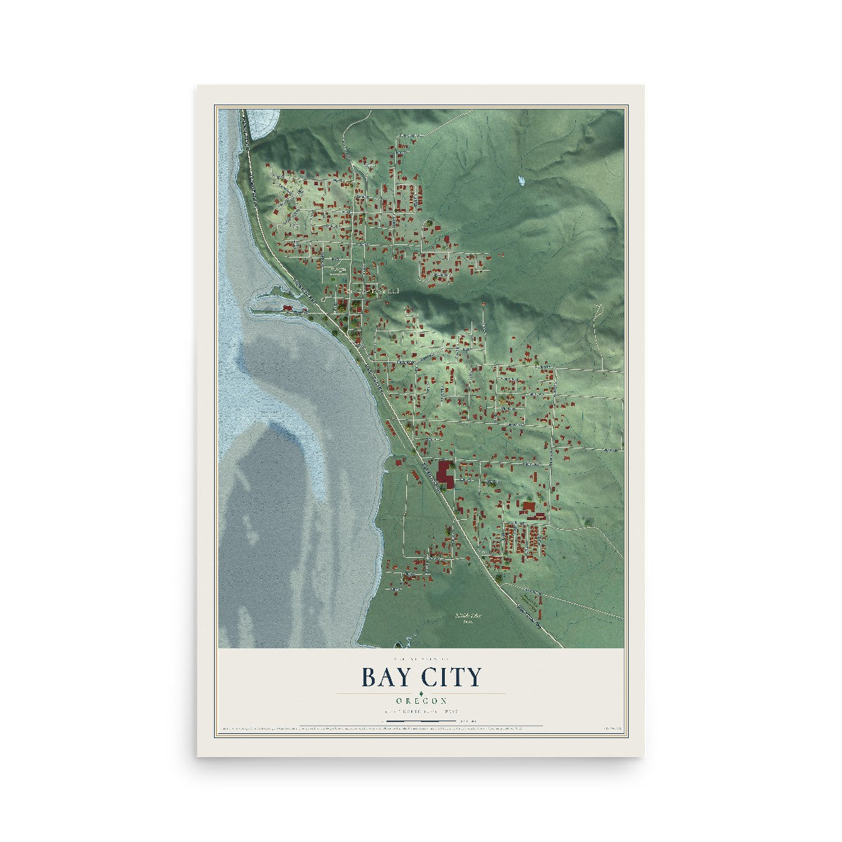 Map of Bay City, Oregon, 12 x 18 inch unframed archival matte print