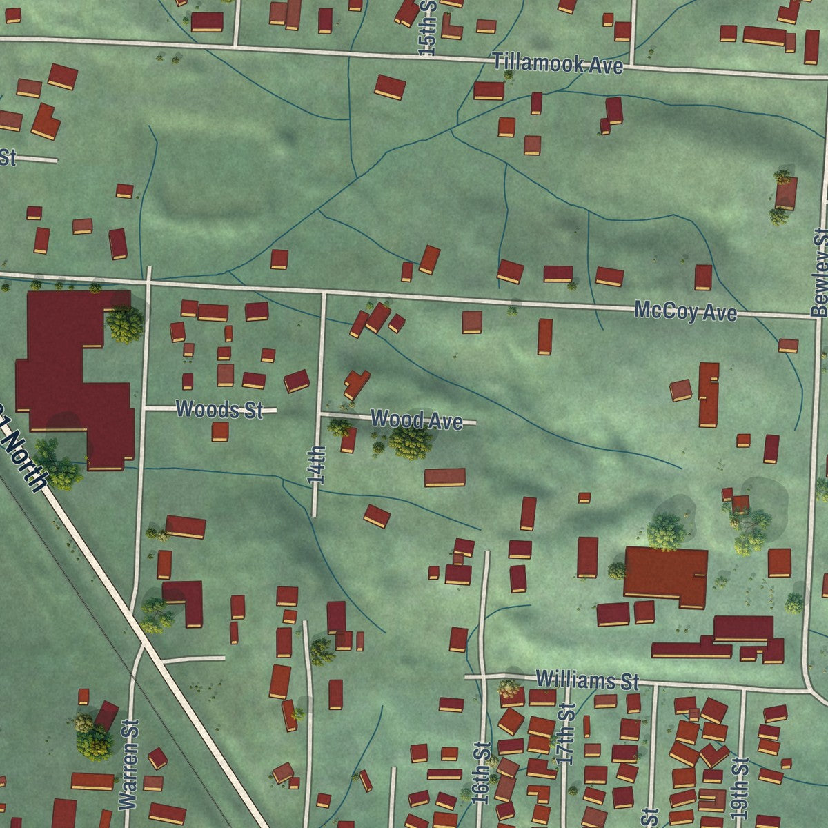 Second close-up of the map of Bay City, Oregon print showing more streets and buildings
