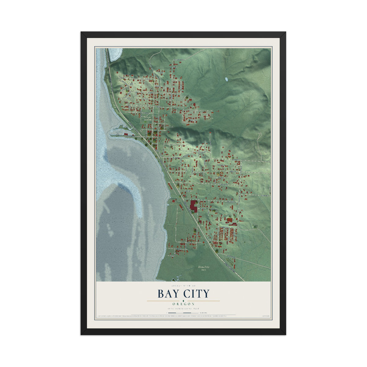 Map of Bay City, Oregon, 12 x 18 inch print in a black wood frame