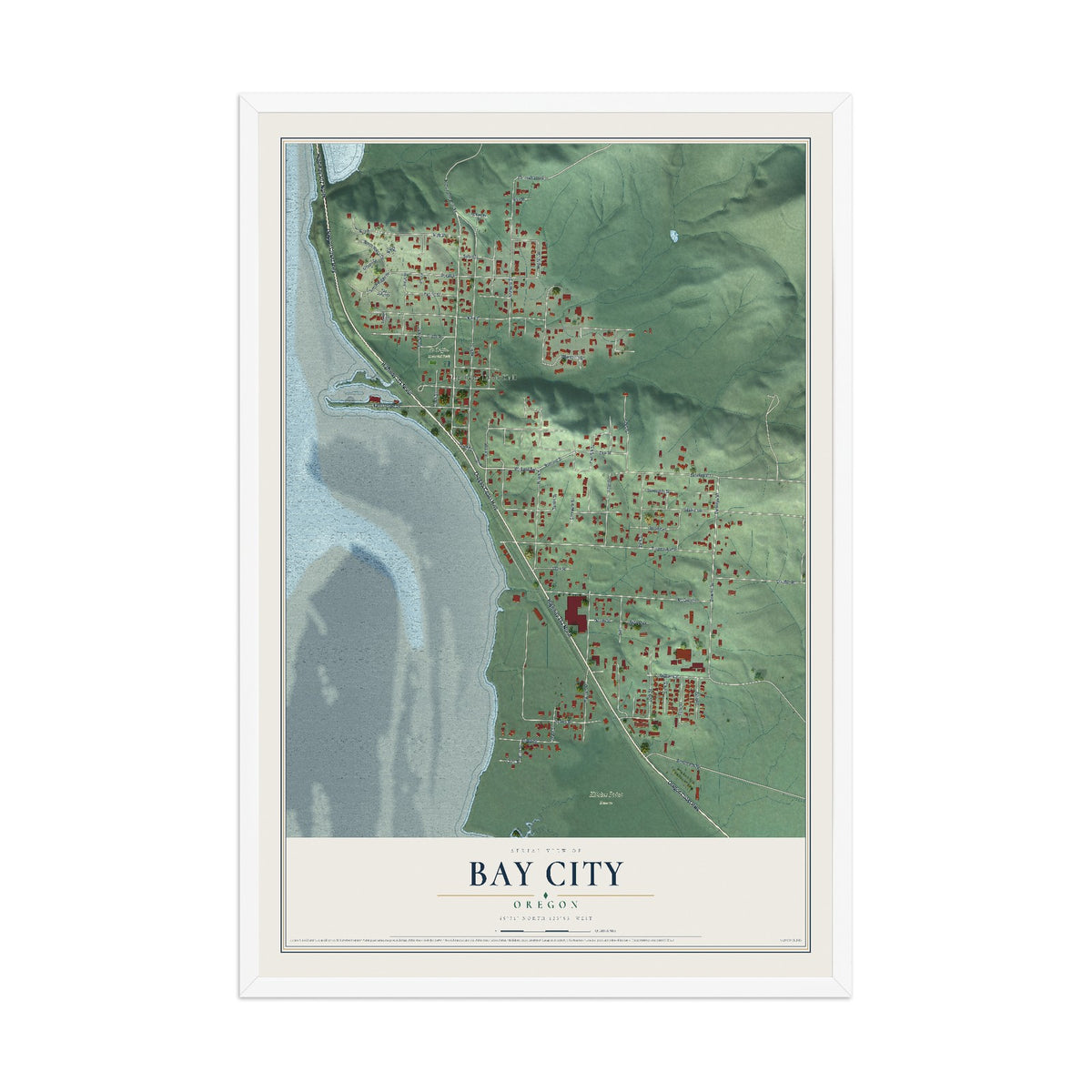Map of Bay City, Oregon, 12 x 18 inch print in a white wood frame