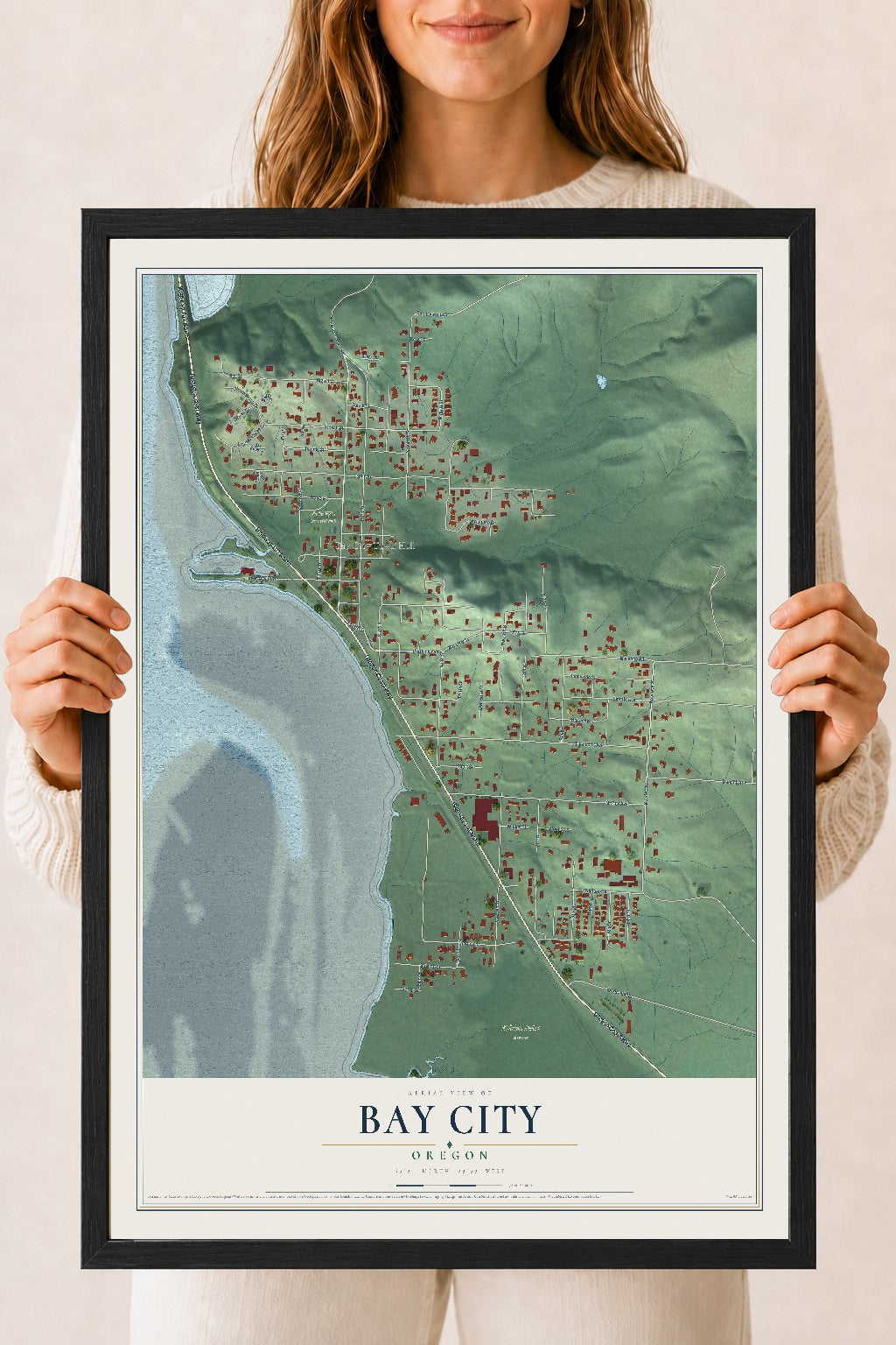 Map of Bay City, Oregon, 18 x 24 inch print in a black wood frame