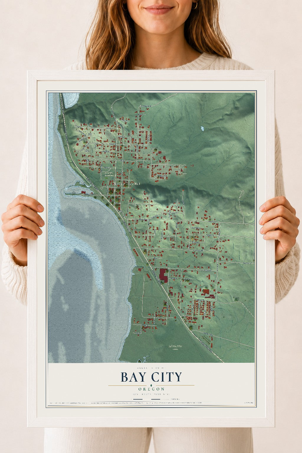 Map of Bay City, Oregon, 18 x 24 inch print in a white wood frame