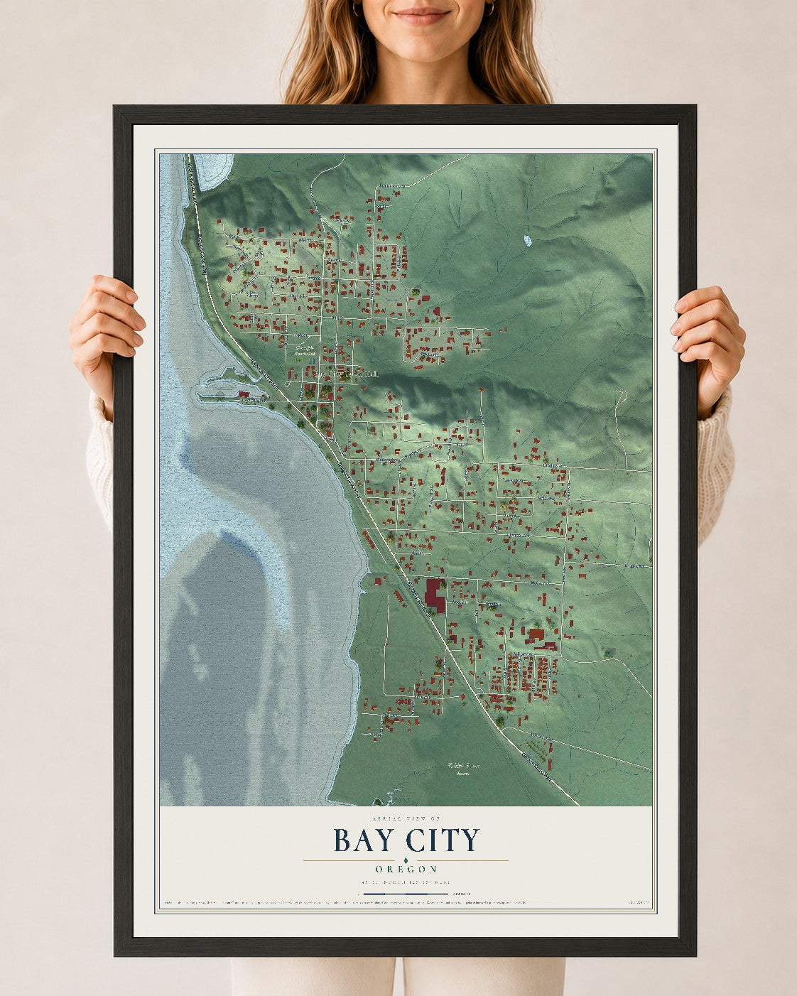 Map of Bay City, Oregon, 24 x 36 inch print in a black wood frame