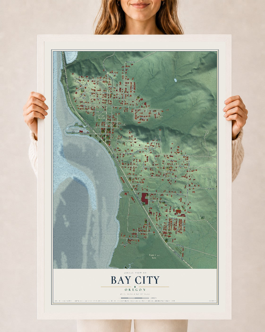 Map of Bay City, Oregon, 24 x 36 inch print in a white wood frame