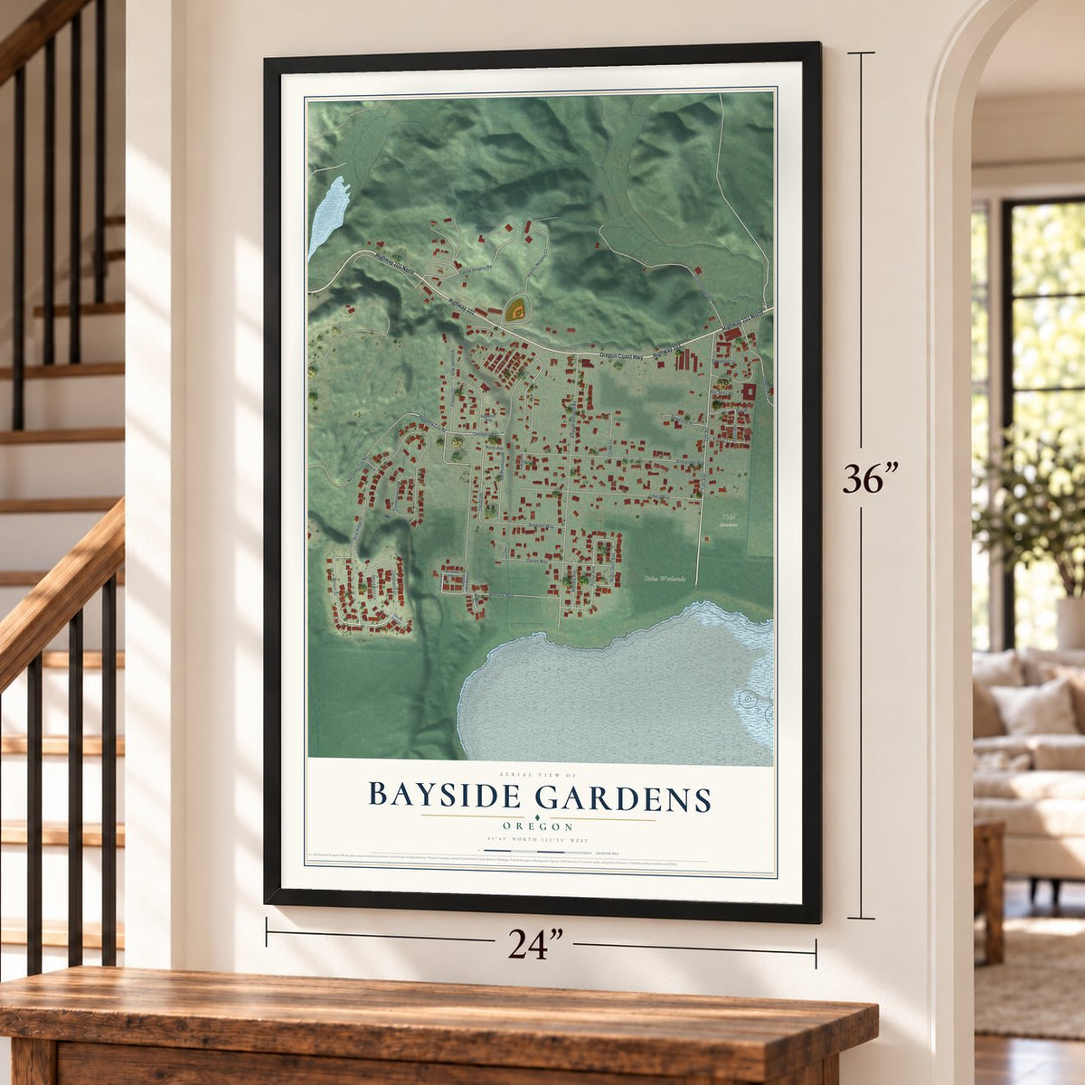 Bayside Gardens, Oregon map, 24 x 36 inch print in a black frame by a staircase