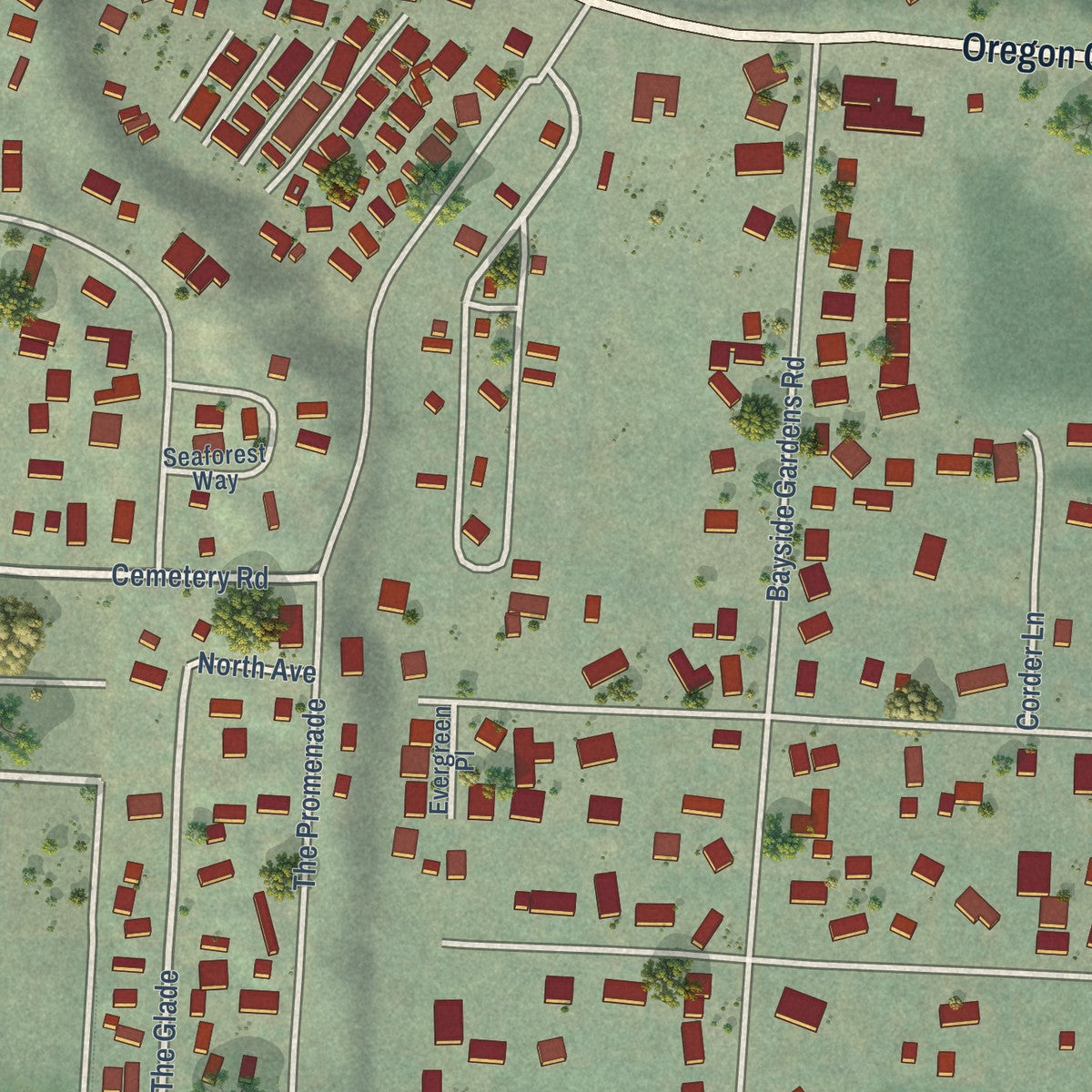 Close-up of the map of Bayside Gardens, Oregon print showing street and building detail