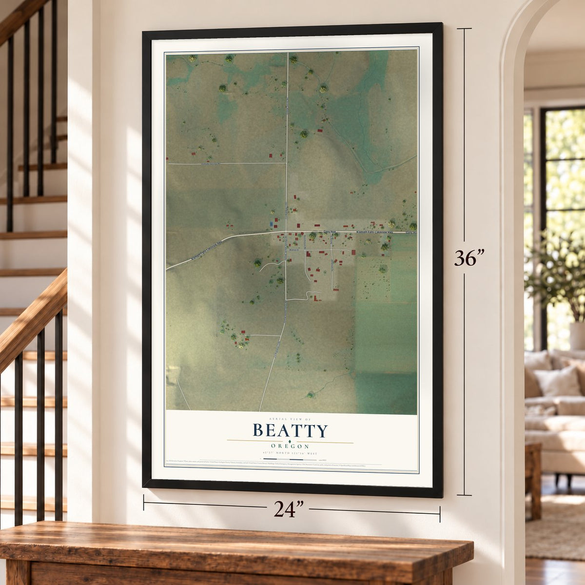 Beatty, Oregon map, 24 x 36 inch print in a black frame by a staircase