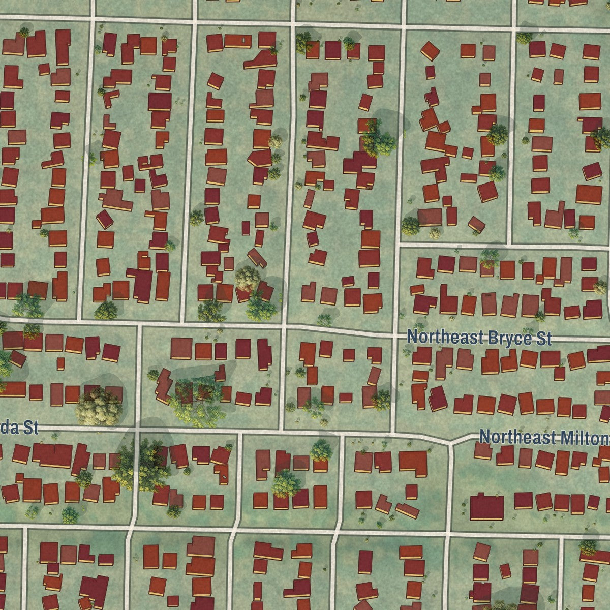 Close-up of the map of Beaumont-Wilshire, Oregon print showing street and building detail