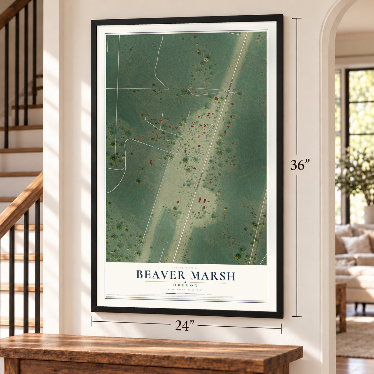 Beaver Marsh, Oregon map, 24 x 36 inch print in a black frame by a staircase