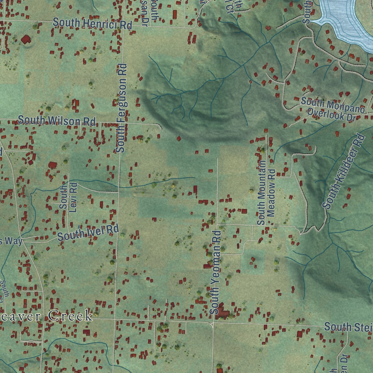 Close-up of the map of Beavercreek, Oregon print showing street and building detail