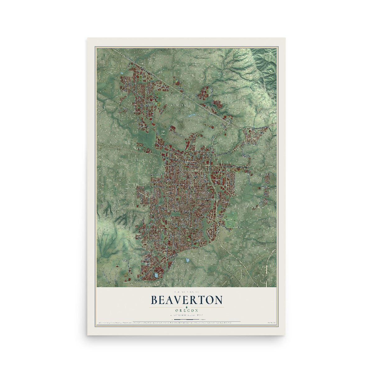 Map of Beaverton, Oregon, 12 x 18 inch unframed archival matte print