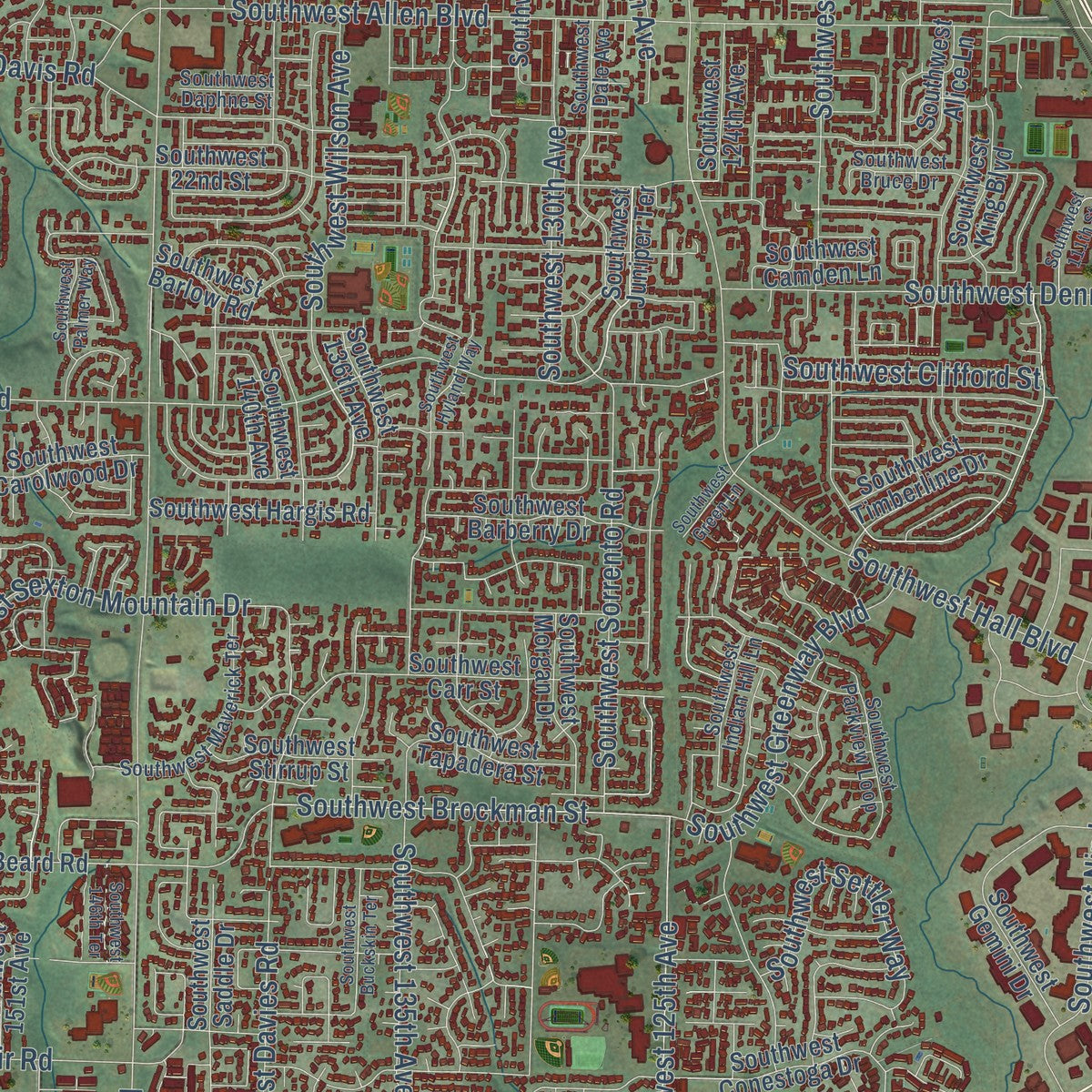Close-up of the map of Beaverton, Oregon print showing street and building detail