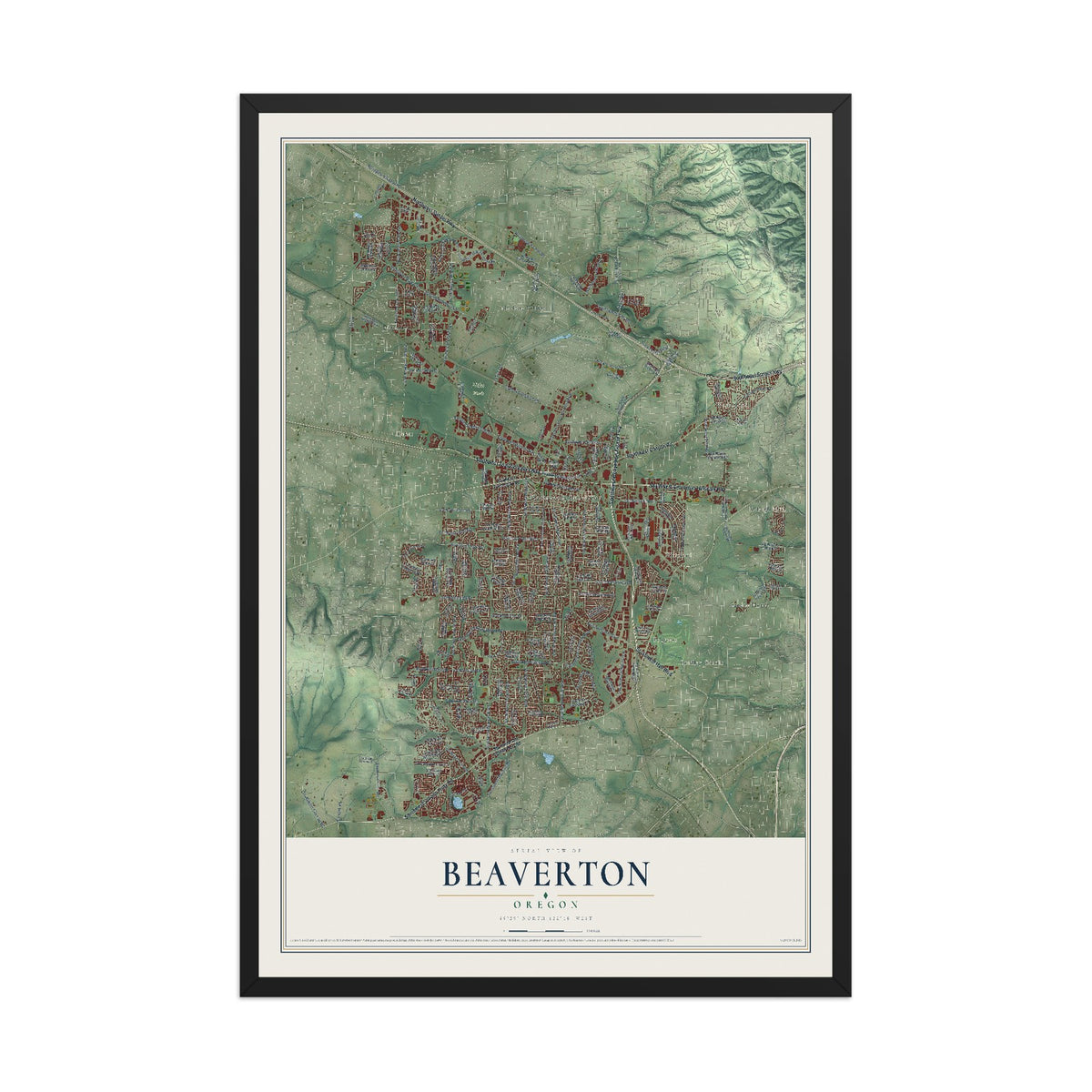 Map of Beaverton, Oregon, 12 x 18 inch print in a black wood frame