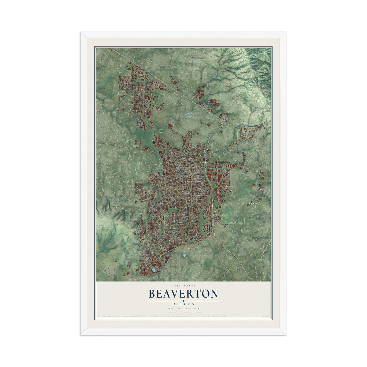 Map of Beaverton, Oregon, 12 x 18 inch print in a white wood frame