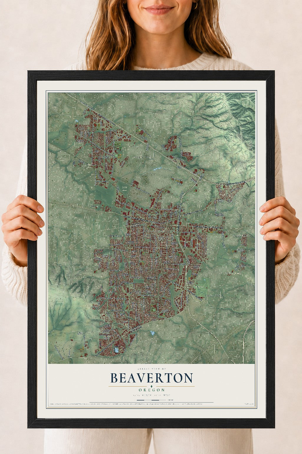 Map of Beaverton, Oregon, 18 x 24 inch print in a black wood frame
