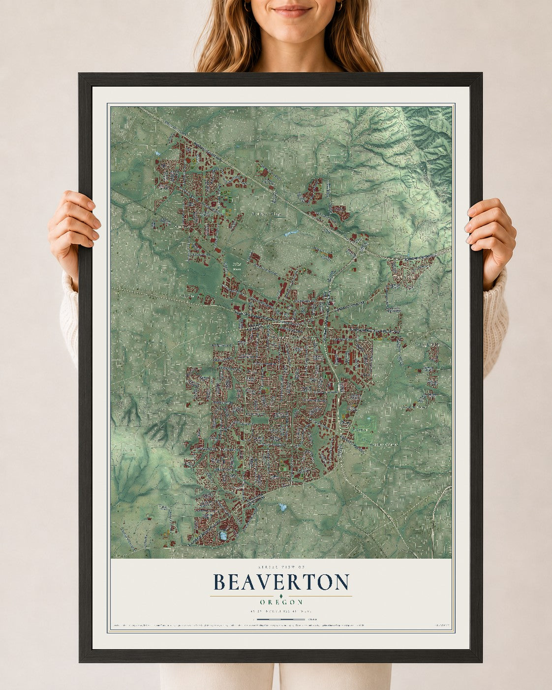 Map of Beaverton, Oregon, 24 x 36 inch print in a black wood frame