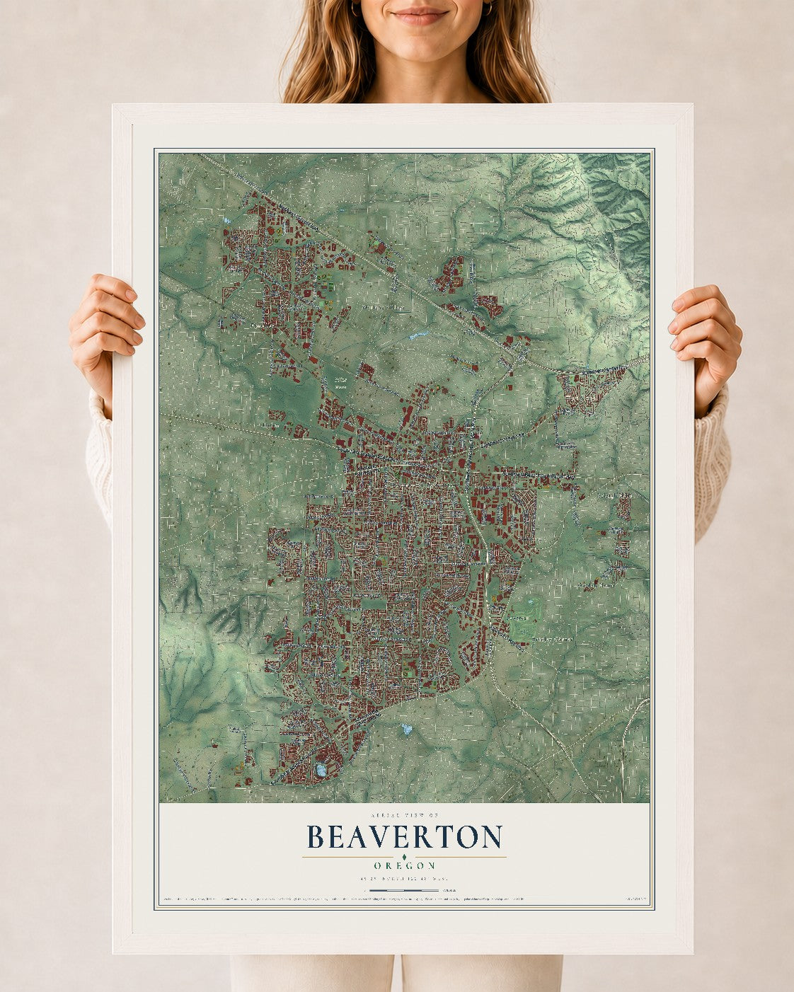 Map of Beaverton, Oregon, 24 x 36 inch print in a white wood frame