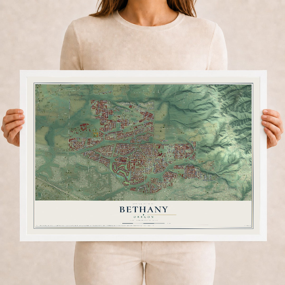 Map of Bethany, Oregon, 12 x 18 inch print in a white wood frame