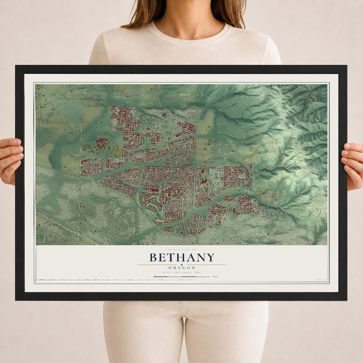 Map of Bethany, Oregon, 18 x 24 inch print in a black wood frame