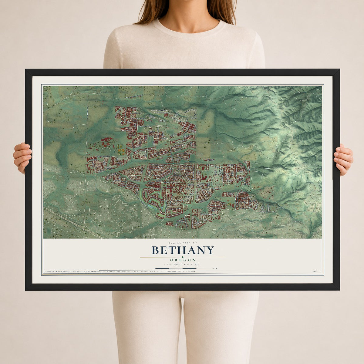 Map of Bethany, Oregon, 24 x 36 inch print in a black wood frame