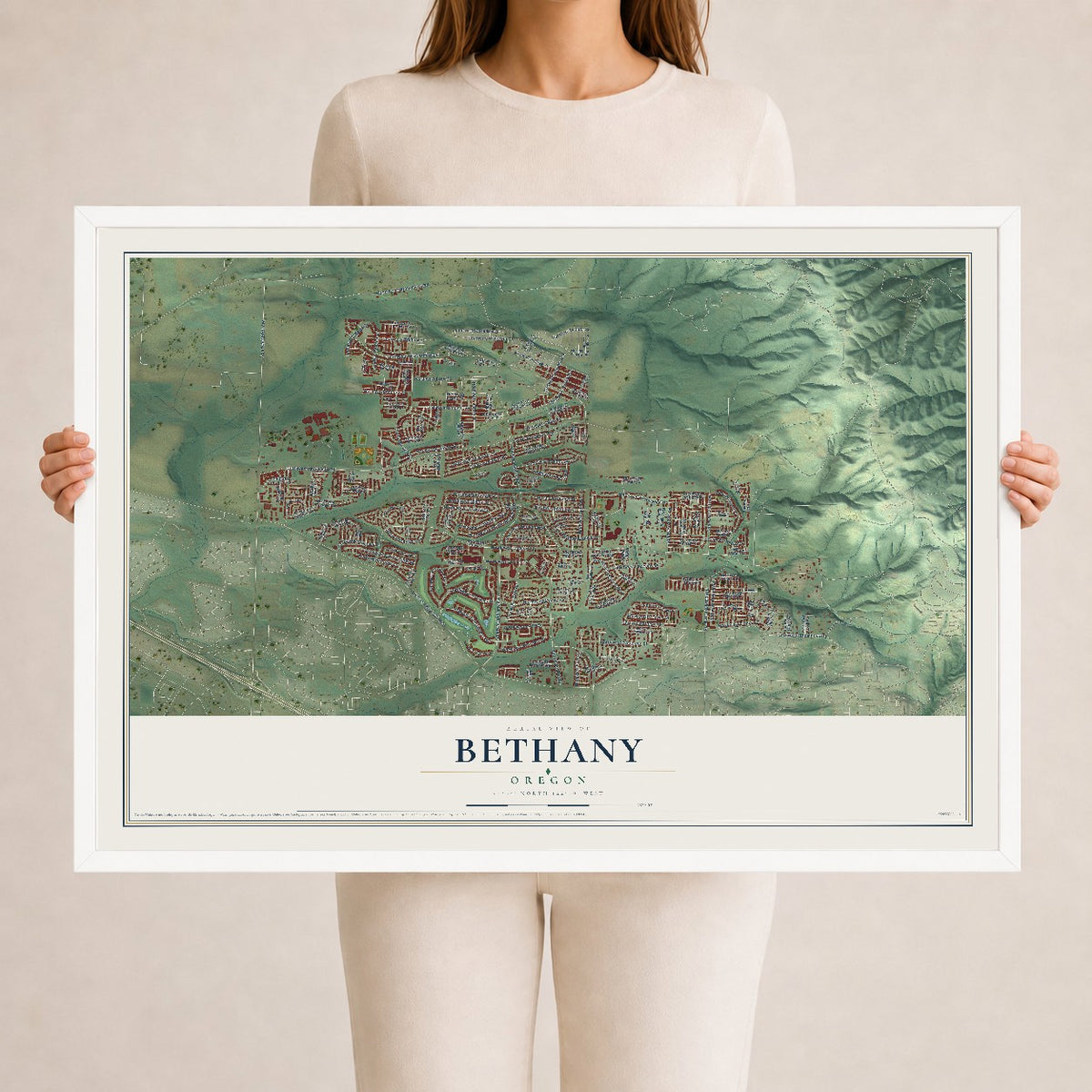Map of Bethany, Oregon, 24 x 36 inch print in a white wood frame