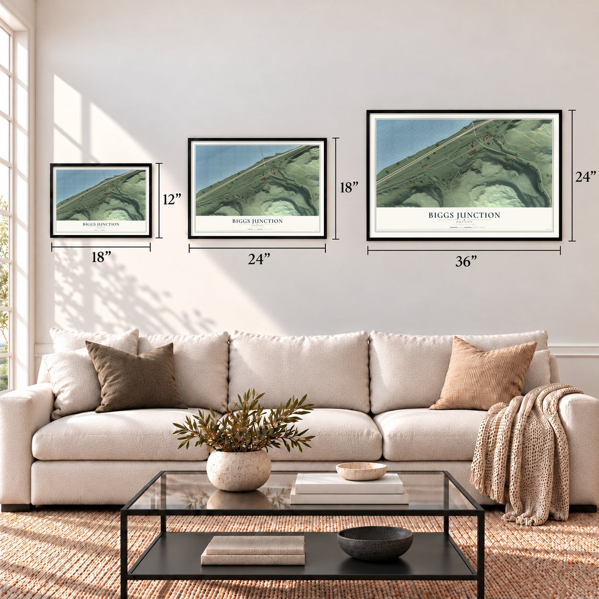 Biggs Junction, Oregon map in 12 x 18, 18 x 24 and 24 x 36 inch sizes above a sofa
